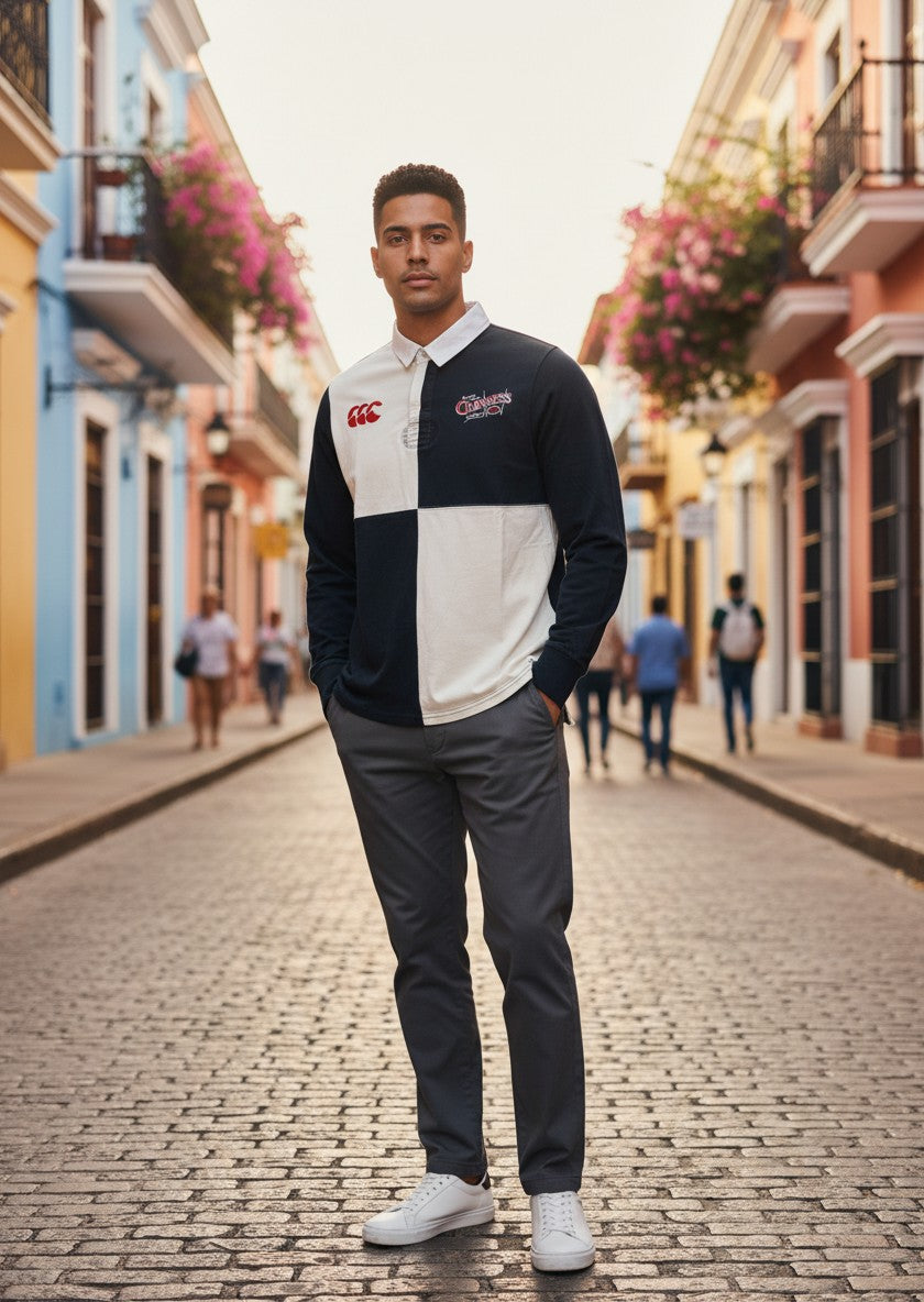 Throwback Rack Guinness checkered long-sleeve rugby polo shirt in navy and cream with embroidered logos.