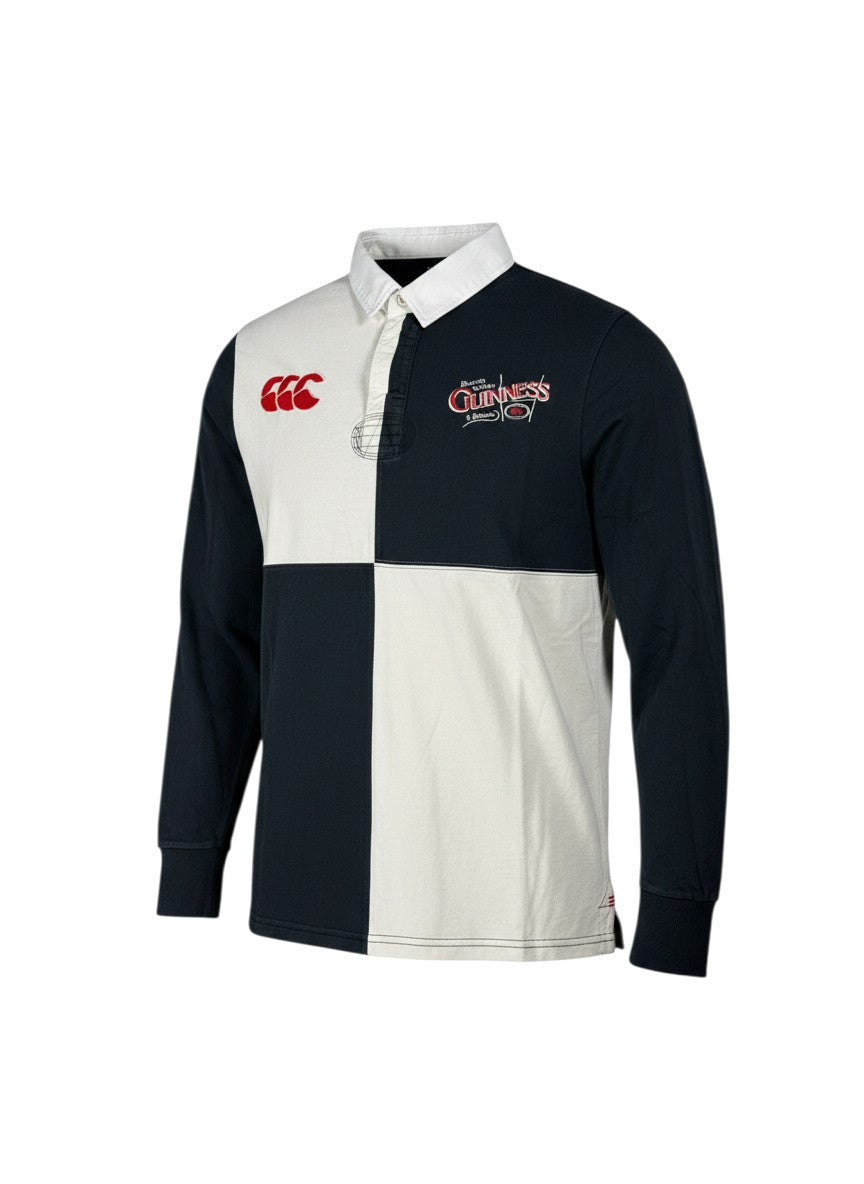 Throwback Rack Guinness checkered Canterbury rugby polo shirt with white and navy panels, red CCC logo, and embroidered details.
