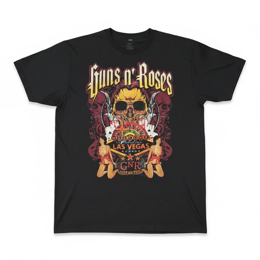 Throwback Rack black cotton crewneck t-shirt featuring a Guns N' Roses 2012 Las Vegas skull and showgirl graphic.
