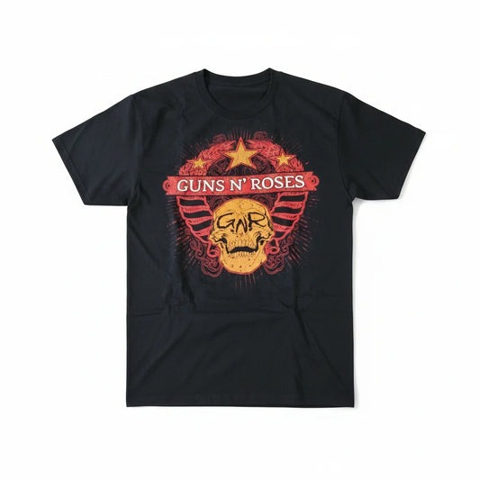 Throwback Rack black cotton Guns N' Roses Chinese Democracy tour t-shirt with red and gold skull graphic