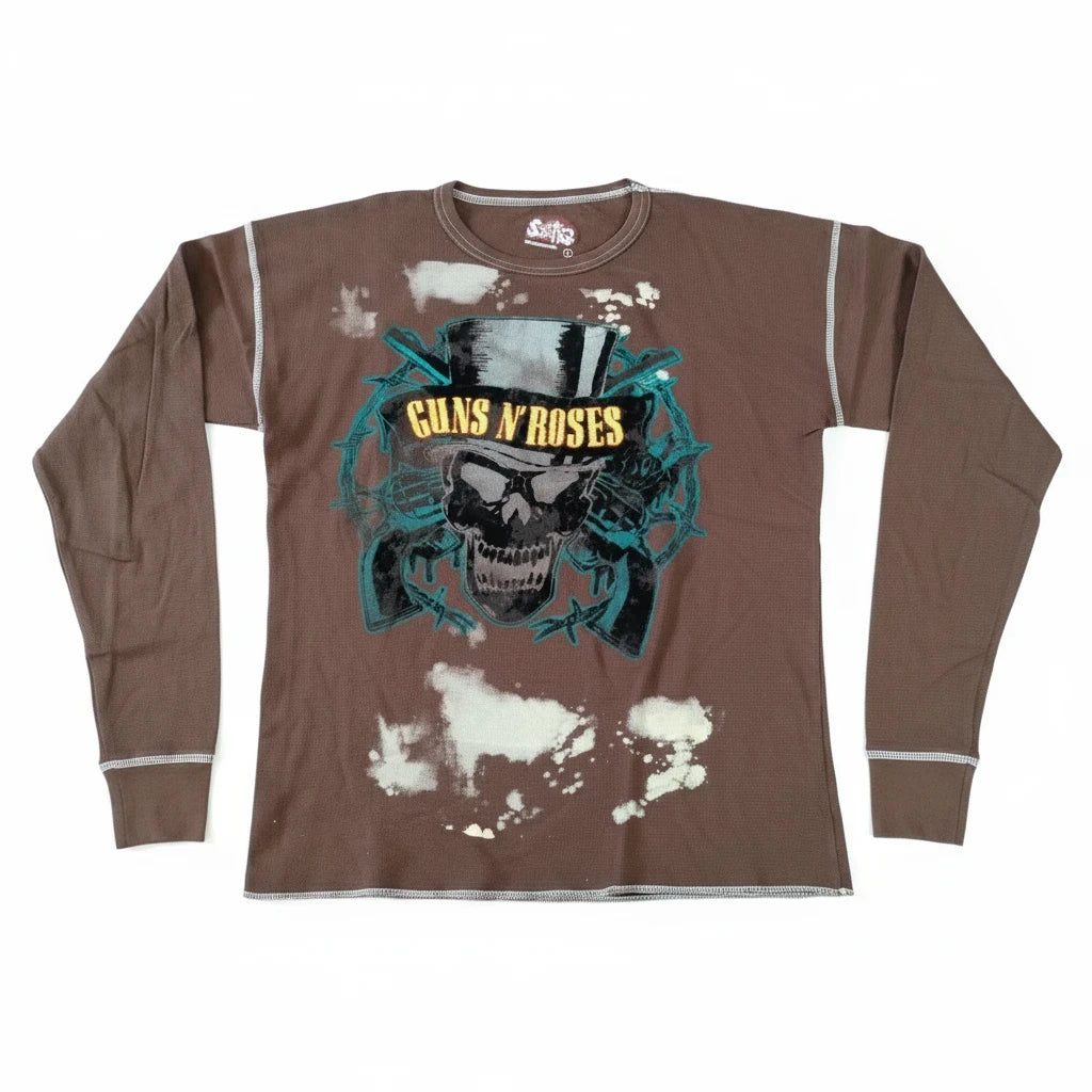 Throwback Rack brown thermal long sleeve shirt featuring a Guns N' Roses skull graphic with bleach-wash detailing.