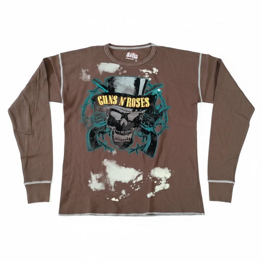 Throwback Rack brown thermal long sleeve shirt featuring a Guns N' Roses skull graphic with bleach-wash detailing.