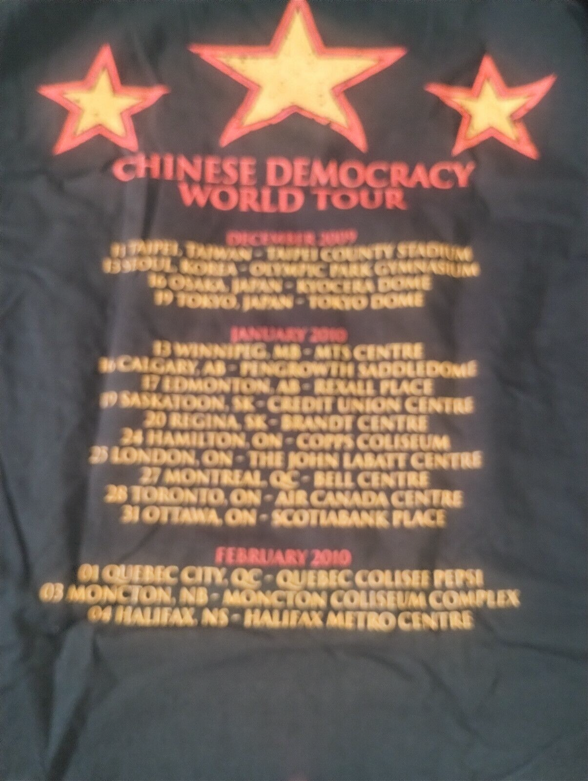 Throwback Rack black cotton Guns N' Roses Chinese Democracy World Tour t-shirt with red and gold back tour dates