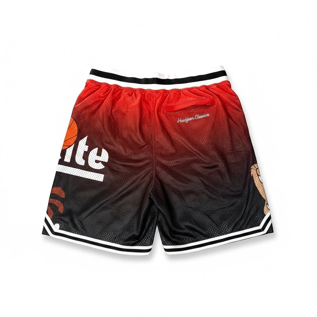 Throwback Rack Headgear Classics basketball shorts in red and black mesh with rear zippered pockets.
