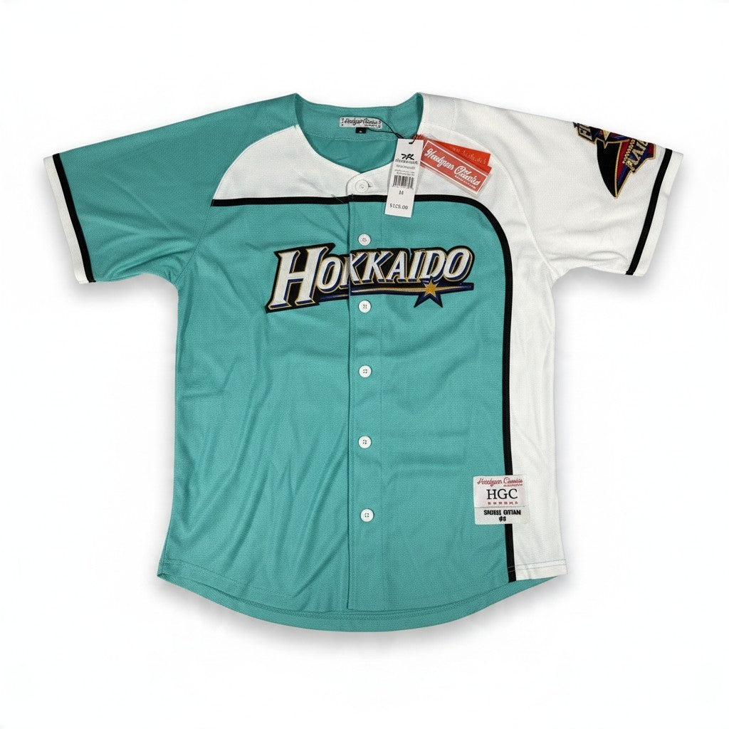 Throwback Rack Shohei Ohtani Hokkaido baseball jersey in teal and white with embroidered team lettering and sleeve patch