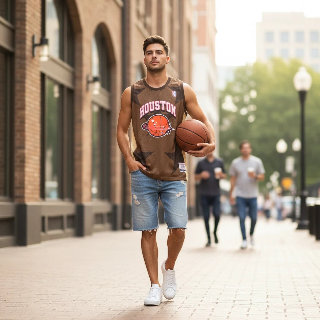 Throwback Rack brown and tan Houston basketball mesh jersey worn by a man walking on a city sidewalk with a basketball.