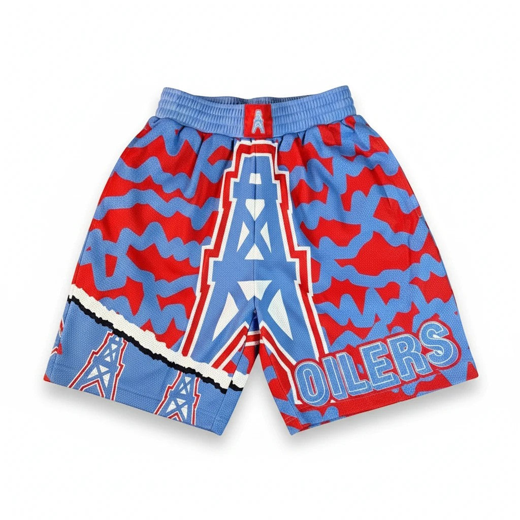 Throwback Rack Houston Oilers blue and red all-over print basketball shorts with "A" logo and "OILERS" lettering.