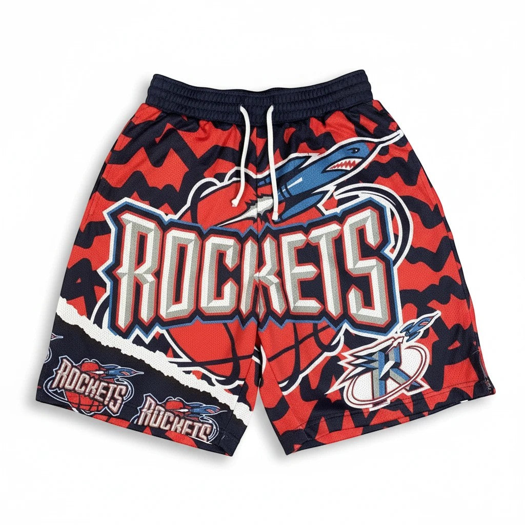 Throwback Rack Houston Rockets Mitchell & Ness Jumbotron mesh basketball shorts in red and black with rocket graphics.