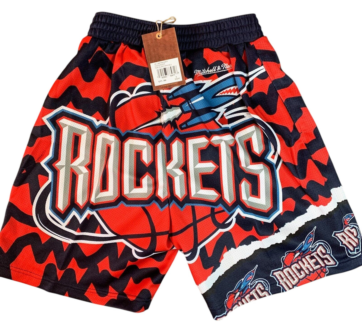 Throwback Rack Houston Rockets Mitchell & Ness Jumbotron basketball shorts in red and black mesh with graphic print.