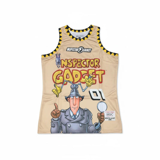 Throwback Rack Inspector Gadget basketball jersey in tan with character graphic, embroidered details, and mesh fabric.