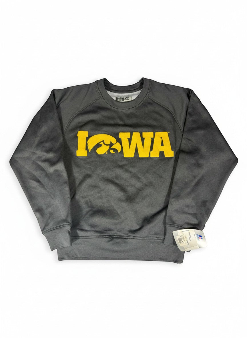 Throwback Rack dark grey crewneck sweatshirt with yellow Iowa Hawkeyes logo on the front. Size S.
