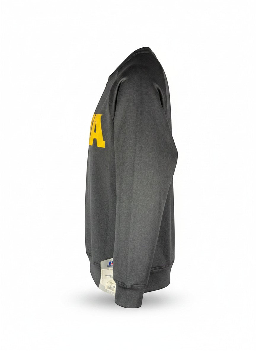 Throwback Rack Iowa University vintage grey crewneck sweatshirt with yellow lettering.