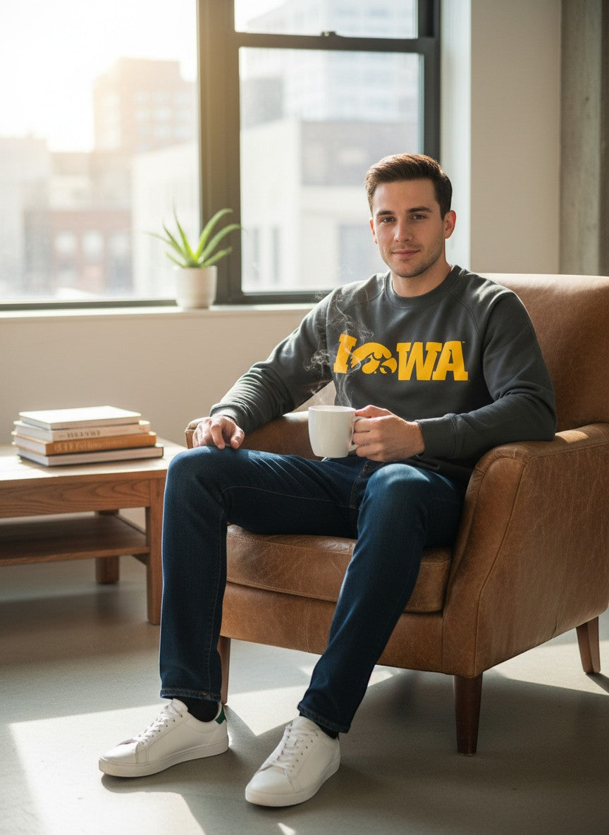 Throwback Rack dark grey Iowa University crewneck sweatshirt with yellow lettering, worn by a man sitting in a leather chair.