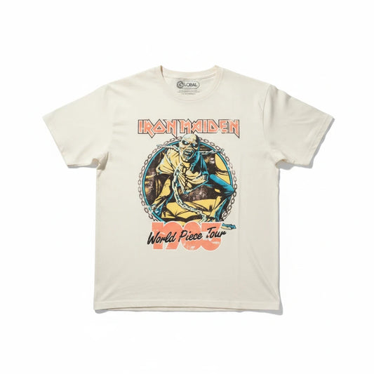 Throwback Rack tan Iron Maiden 1983 World Piece Tour t-shirt featuring iconic Eddie graphic and crew neck design.