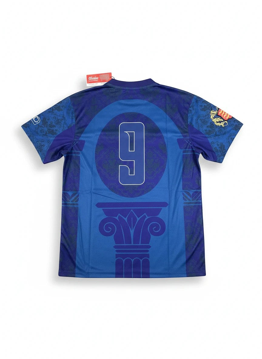 Throwback Rack Italia Martini Soccer Jersey with large white number 9 on back, blue damask pattern, and classic column design.