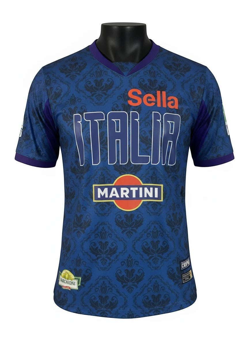 Throwback Rack Italia Martini Soccer Jersey in deep blue with damask pattern, white ITALIA text, and sponsor logos.