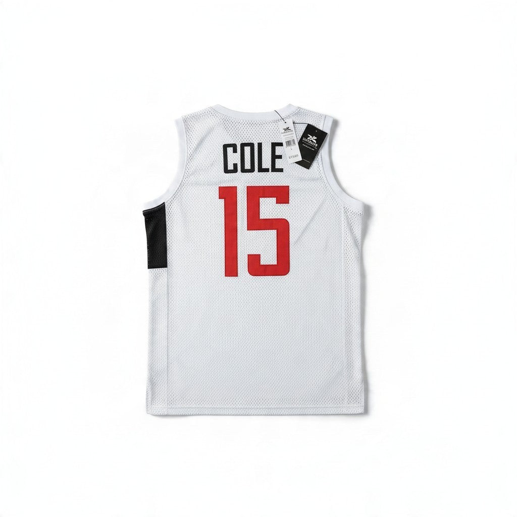 Throwback Rack white mesh basketball jersey with Cole 15 printed on the back in black and red lettering