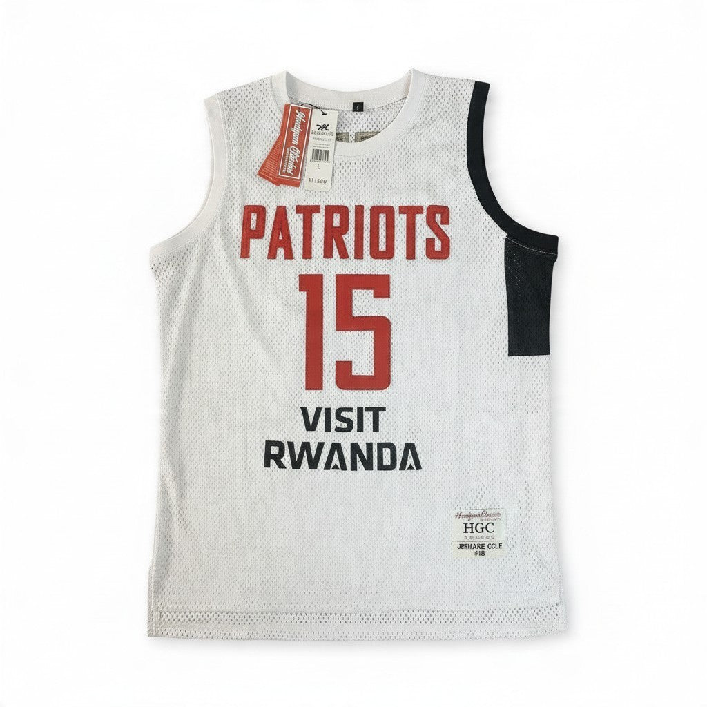 Throwback Rack white J. Cole Rwanda Patriots basketball jersey with red and black graphics and commemorative patch