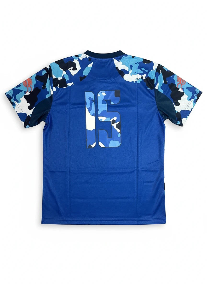 Throwback Rack blue, black, and white camouflage soccer jersey with "15" on the back.