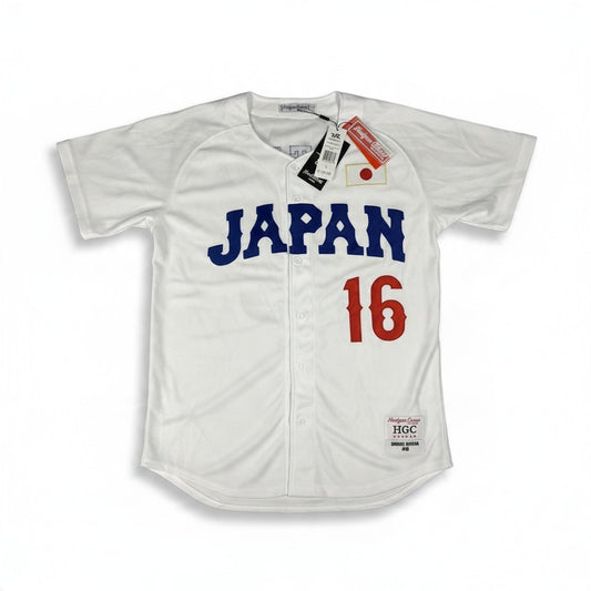 Throwback Rack white Japan national team baseball jersey featuring Shohei Ohtani number 16 and blue JAPAN lettering