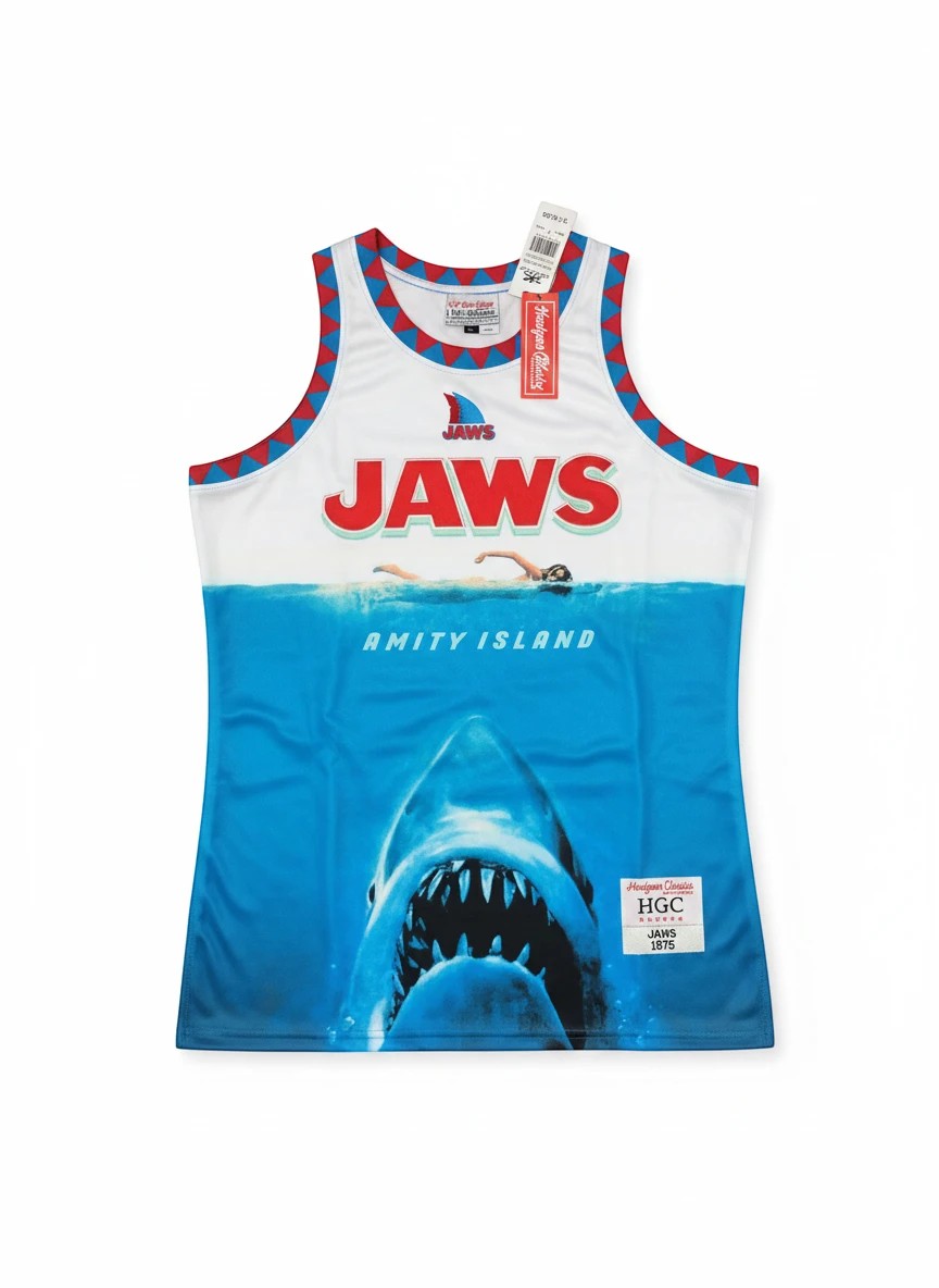 Throwback Rack JAWS Amity Island basketball jersey in white and blue polyester mesh with movie graphic print.
