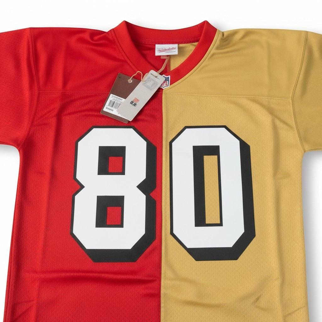 Throwback Rack Jerry Rice 1994 Mitchell & Ness split red and gold mesh football jersey with number 80