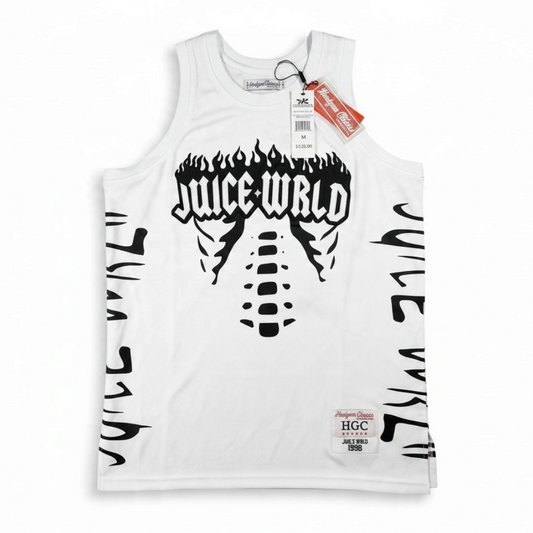 Throwback Rack white Juice WRLD basketball jersey with black flame graphics and 999 motif in breathable mesh fabric.
