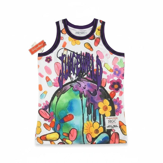 Throwback Rack Juice WRLD basketball jersey in white mesh with colorful pill and floral print and purple trim.