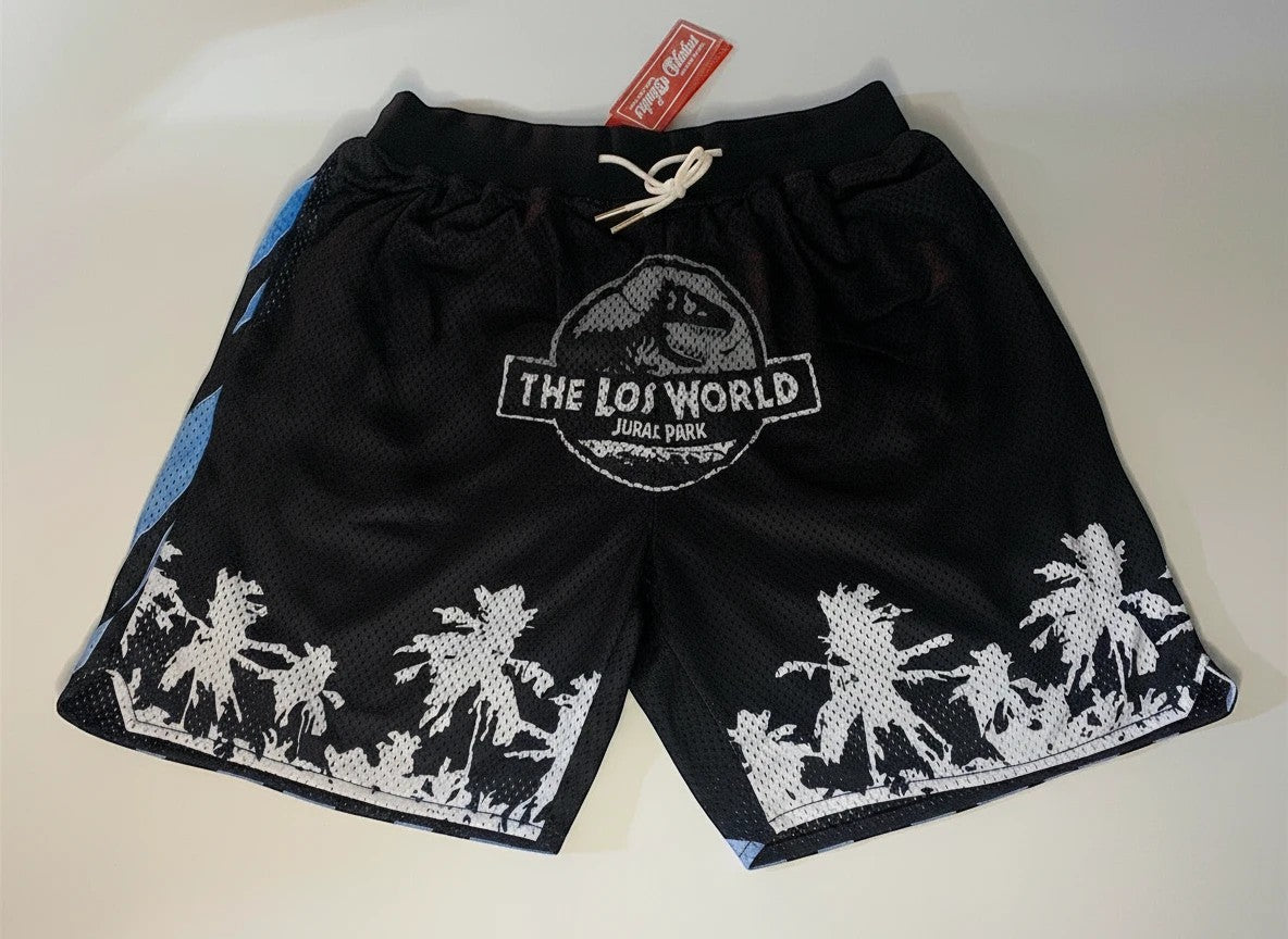 Throwback Rack Jurassic Park The Lost World black mesh basketball shorts with palm tree graphic and drawstring waist