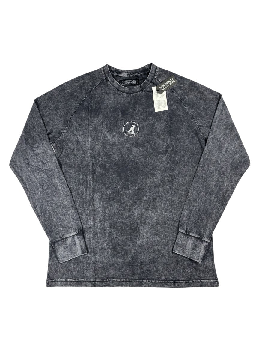 Throwback Rack Kangol dark acid wash long sleeve cotton shirt with a circular logo on the chest.