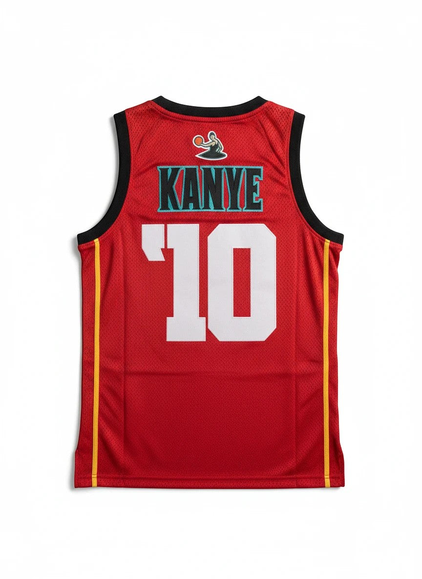 Throwback Rack red mesh basketball jersey featuring Kanye and 10 on the back with black and yellow trim details.