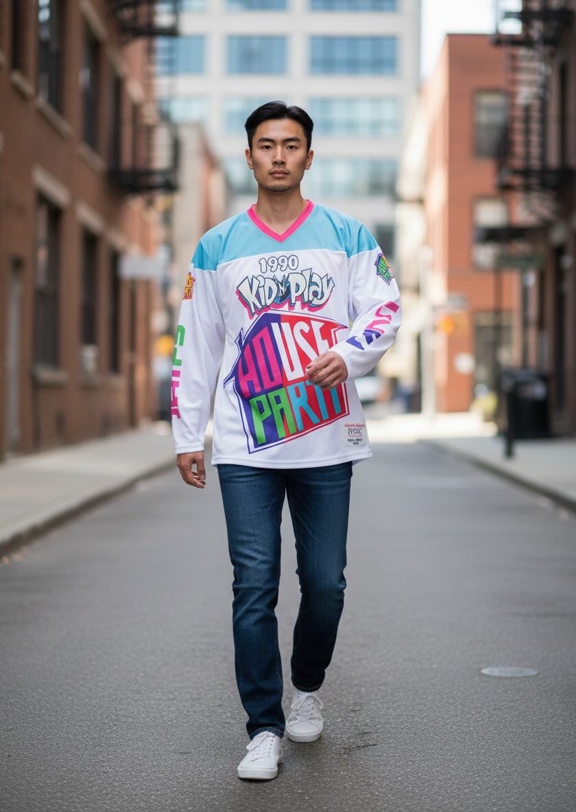 Throwback Rack Kid 'N Play House Party 1990 hockey jersey with vibrant graphics and sky blue, pink, and white accents.