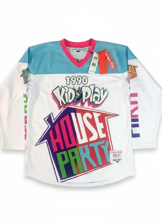 Throwback Rack white hockey jersey with teal and pink trim, featuring "1990 KID 'N' PLAY HOUSE PARTY" graphic. Size L.