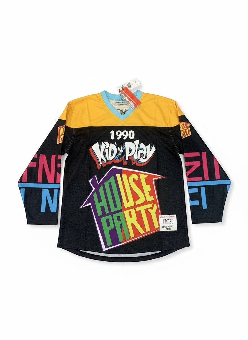 Throwback Rack Kid 'N Play House Party 1990 hockey jersey, black with yellow sleeves and collar, featuring colorful graphics.
