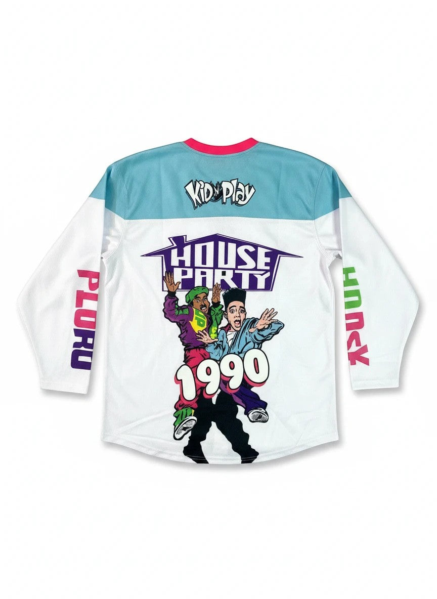 Throwback Rack Kid 'N' Play House Party 1990 hockey jersey, white with teal and pink accents, featuring graphic of Kid 'N' Play duo.