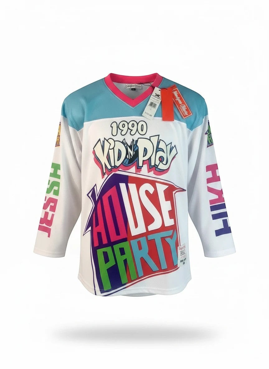 Throwback Rack white hockey jersey with teal and pink collar, featuring "1990 KID 'N' PLAY HOUSE PARTY" graphic and "JESS" and "HIM" on sleeves.