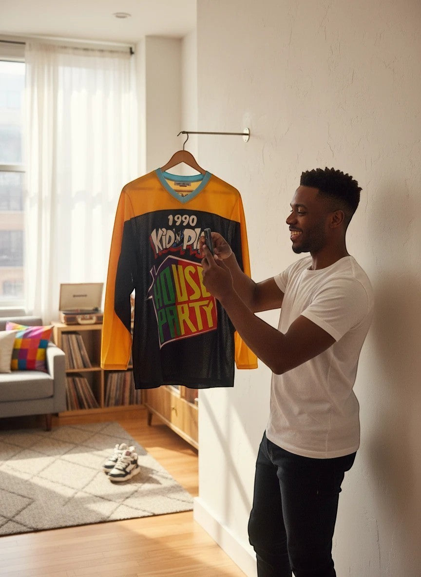 Throwback Rack Kid 'N Play House Party 1990 hockey jersey, black with yellow sleeves and collar, featuring movie graphics.