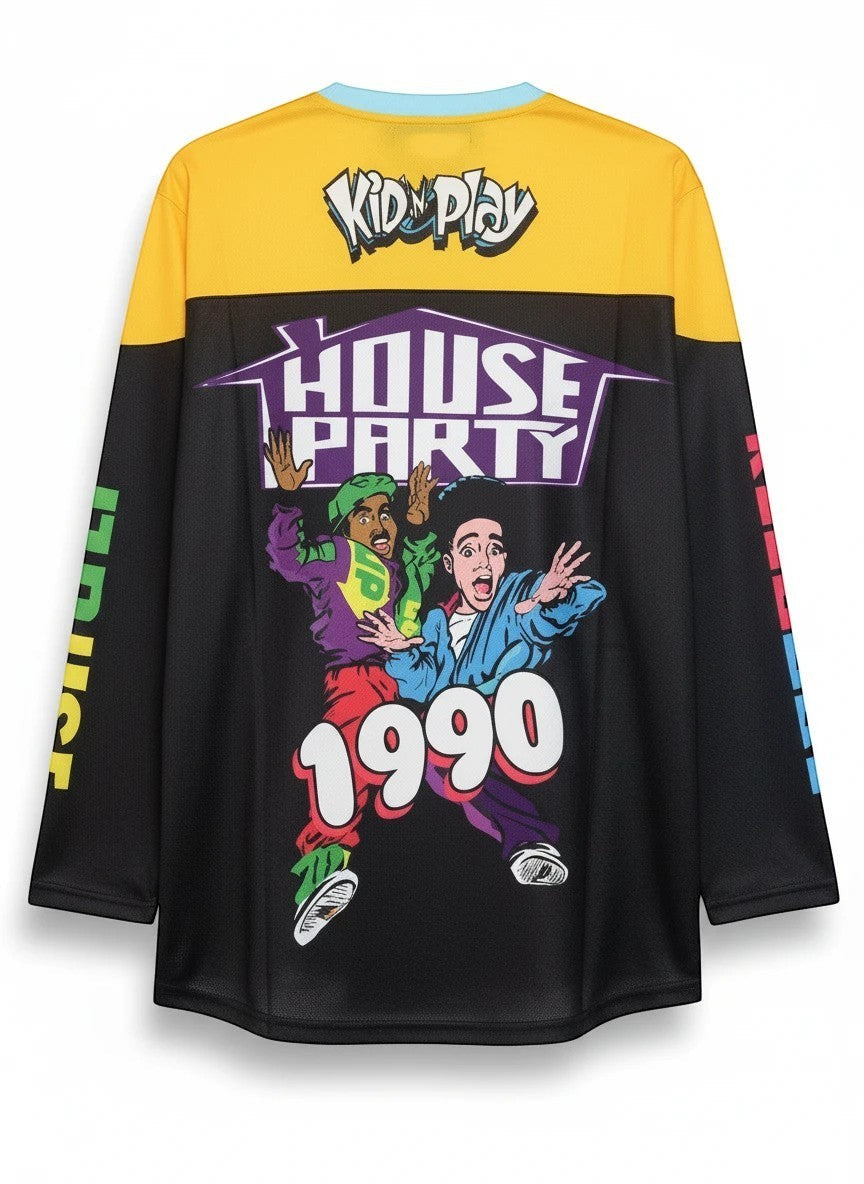 Throwback Rack Kid 'N Play House Party 1990 hockey jersey, black with yellow sleeves, featuring graphics of Kid 'N Play and movie logo.