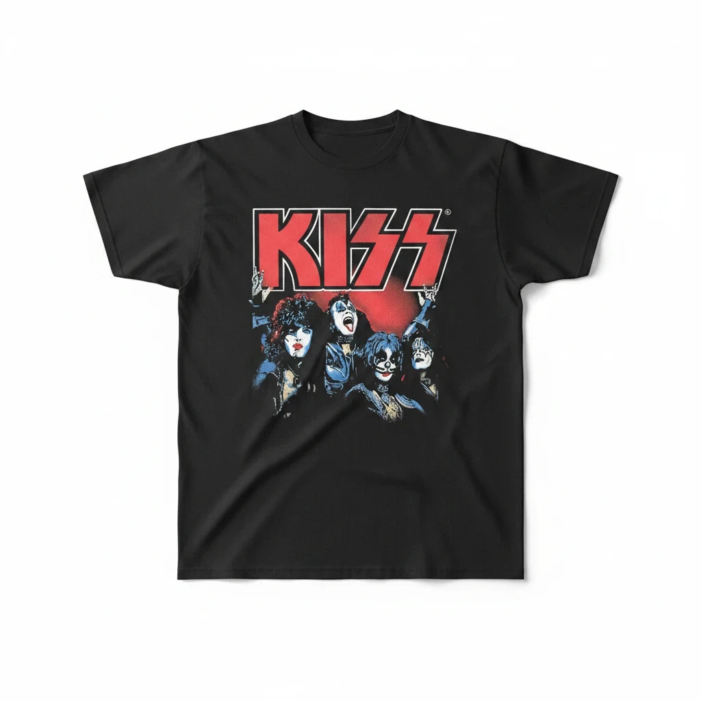 Throwback Rack black crew-neck t-shirt featuring a distressed KISS 2022 graphic with band members and logo