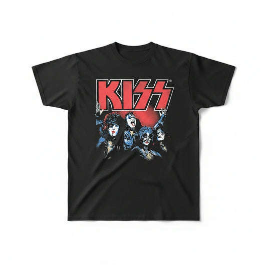 Throwback Rack black crew-neck t-shirt featuring a distressed KISS 2022 graphic with band members and logo