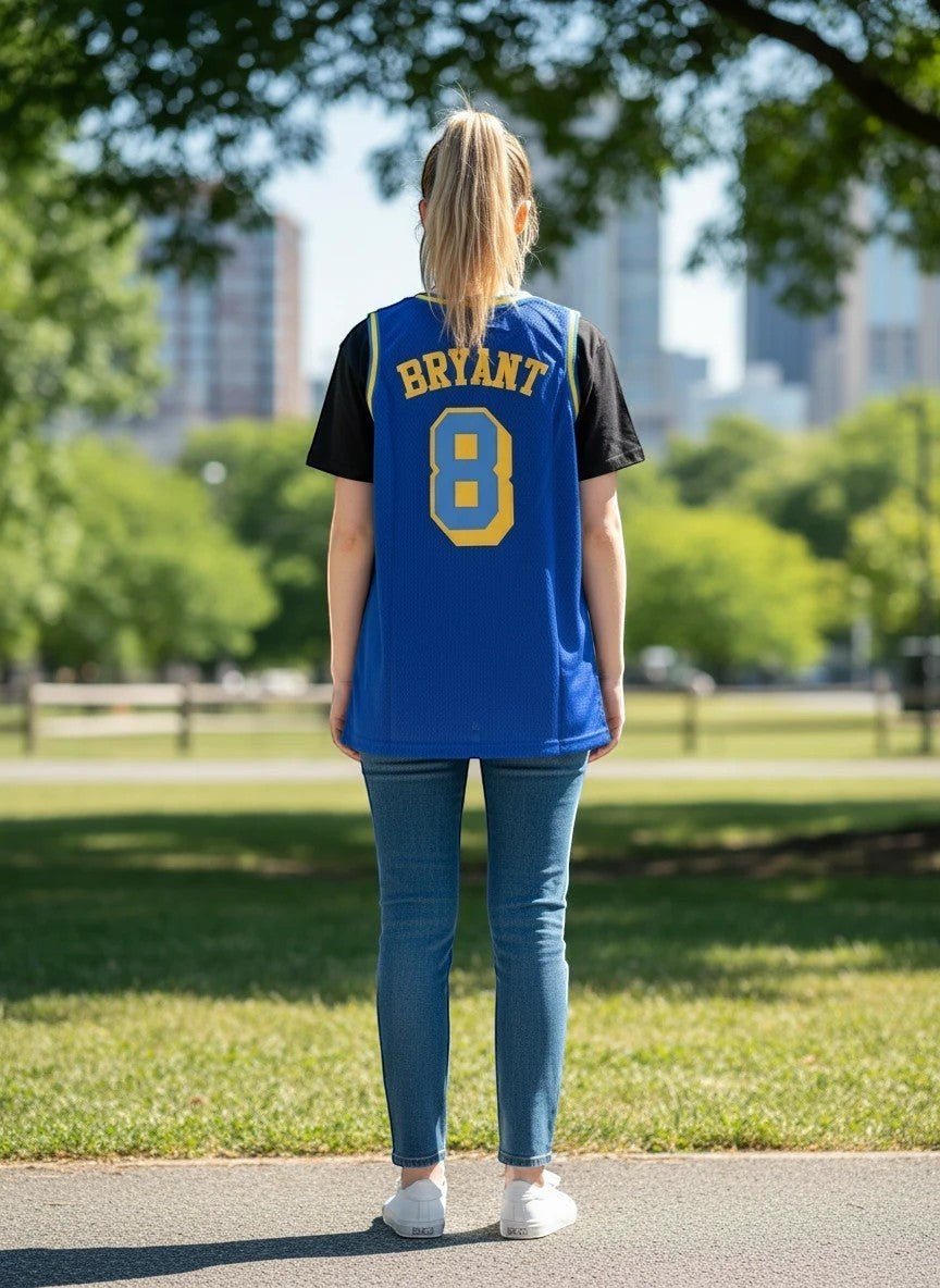 Throwback Rack Kobe Bryant Crenshaw Basketball Jersey, royal blue mesh with yellow trim, number 8, and "BRYANT" text.