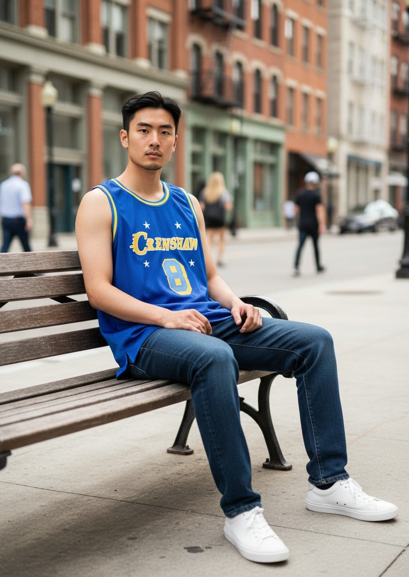 Throwback Rack royal blue mesh basketball jersey with yellow trim, featuring