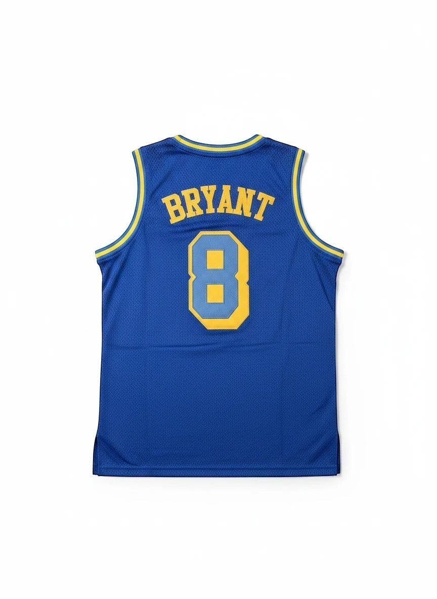 Throwback Rack Kobe Bryant Crenshaw Basketball Jersey, royal blue mesh with yellow trim, number 8 and BRYANT on back.