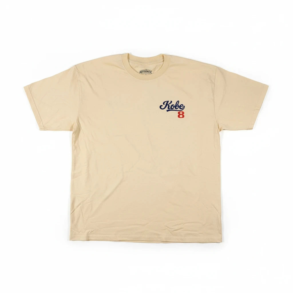 Throwback Rack Kobe Bryant Dodgers tribute t-shirt in beige with small blue and red chest graphic