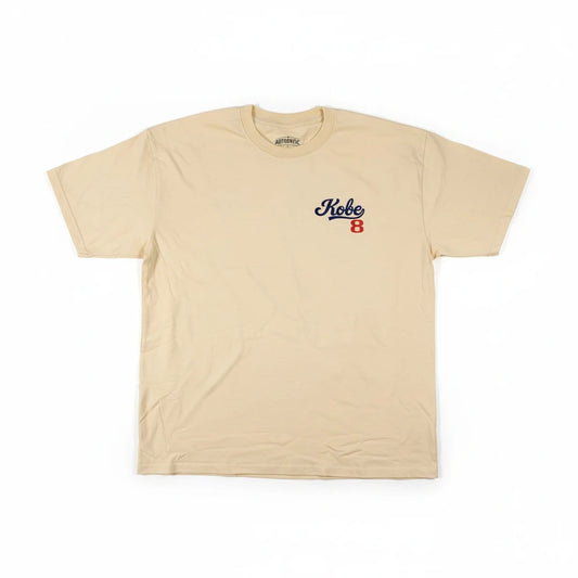 Throwback Rack Kobe Bryant Dodgers tribute t-shirt in beige with small blue and red chest graphic