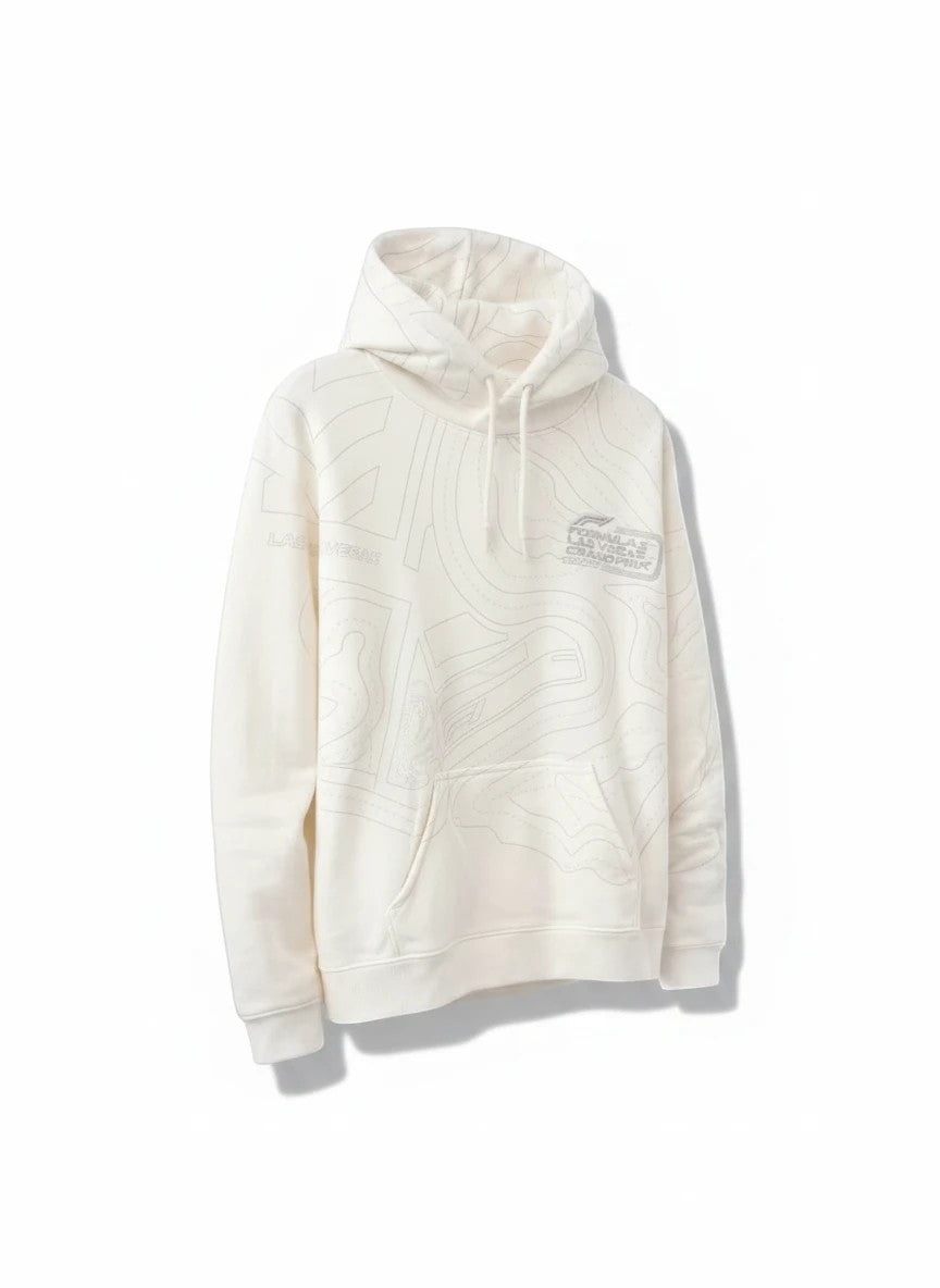 Throwback Rack cream cotton blend hoodie with Las Vegas Grand Prix contour map print and drawstring hood.