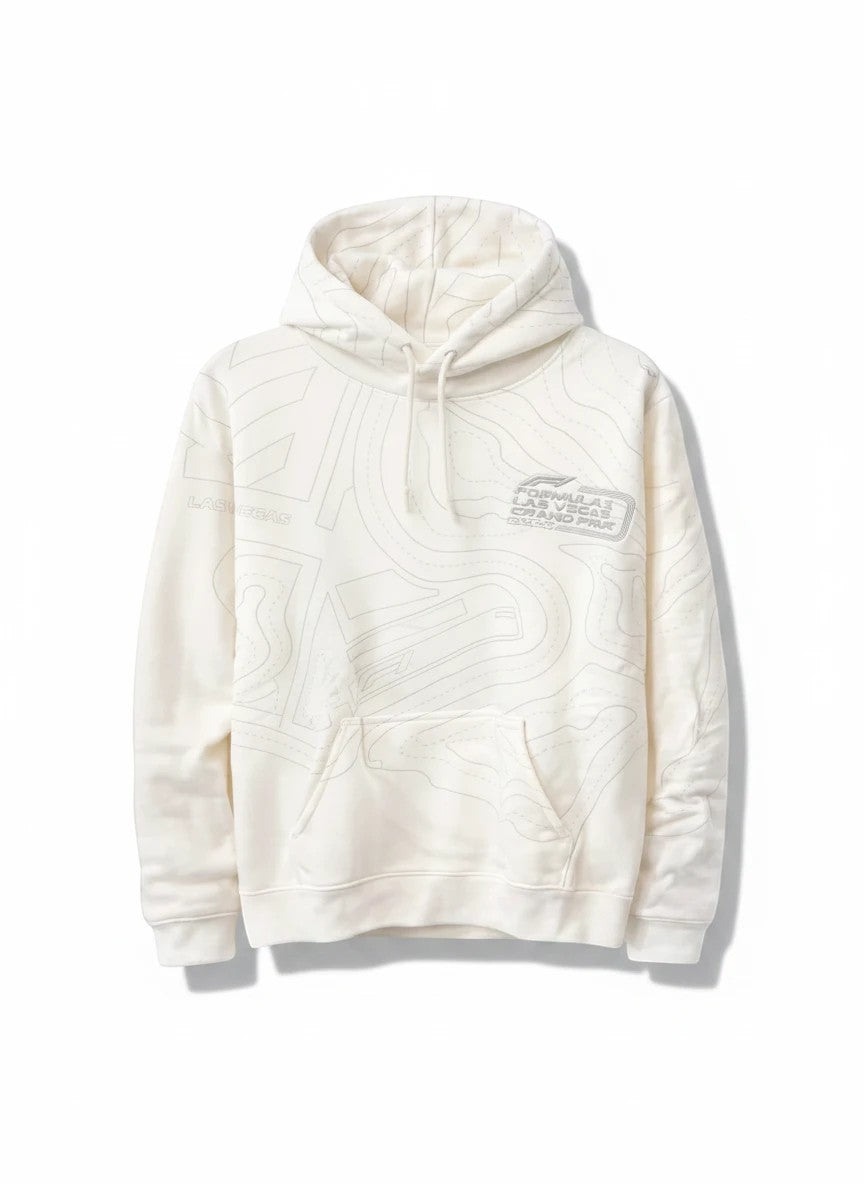 Throwback Rack cream cotton blend hoodie with Las Vegas Grand Prix contour map print and chest graphics.