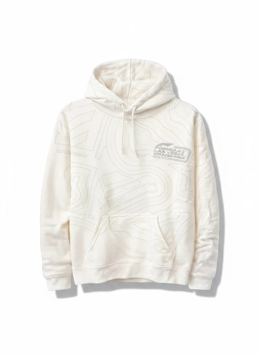 Throwback Rack cream cotton blend hoodie with Las Vegas Grand Prix contour map print and chest graphics.