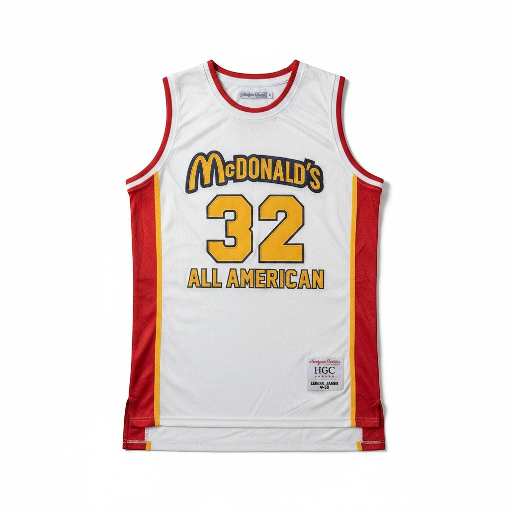 Throwback Rack Lebron James #32 McDonald's All American basketball jersey in white, red, and gold mesh fabric.