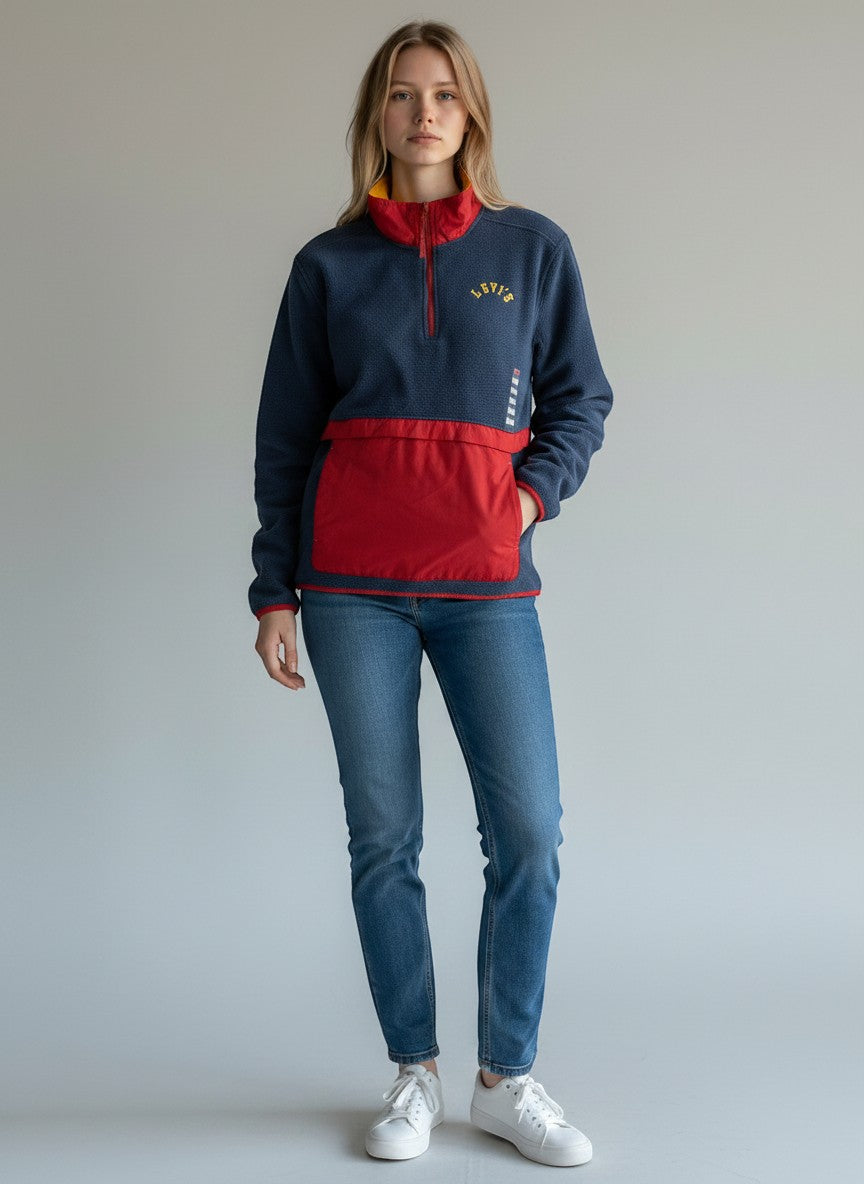 Throwback Rack navy blue fleece anorak sweatshirt with red quarter zip and pocket, yellow collar detail, and Levi's logo.